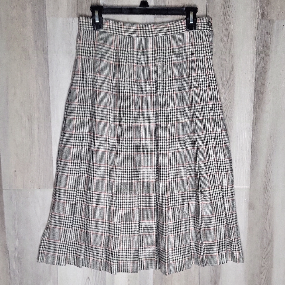 Vintage Talbots 12 Petite 100% Worsted Wool Pleated Midi Skirt Houndstooth Plaid